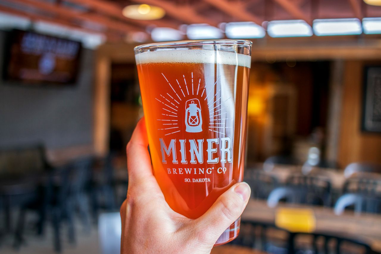 A pint of Miner Brewing Company beer inside the Taproom near Hill City, South Dakota.